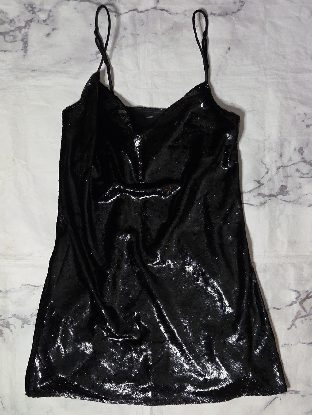 C/Meo Collective Shiny Black Textured Cowl Neck Mini Dress